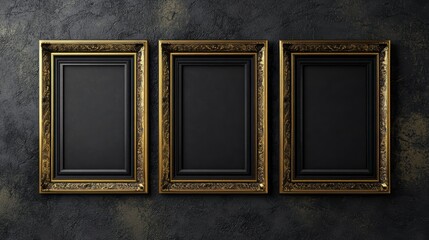 Empty Gold Picture Frames on Dark Wall
