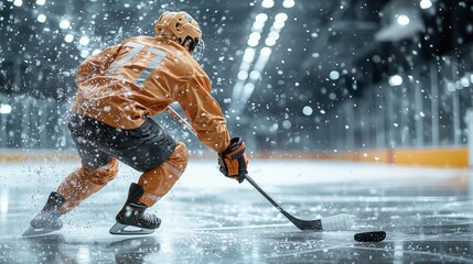 Young male hockey player, on the ice in uniform, close-up. Professional sports concept.