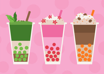 Bubble Tea art set. Drink Coffee Boba Tea. Glass of bubble tea. Taiwan milk tea with bubbles. Boba milk tea. Retro colorful poster with drink. Modern trendy print.