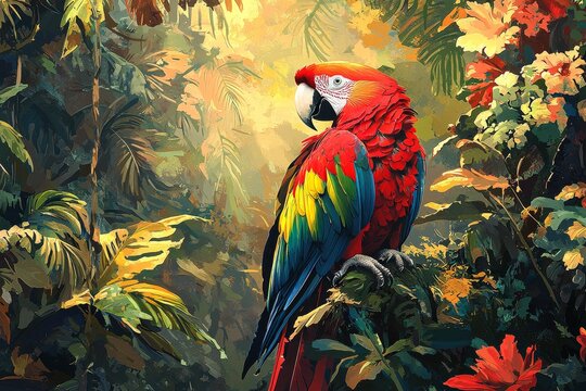 Vibrant macaw perched amidst lush, colorful rainforest foliage, artistic composition