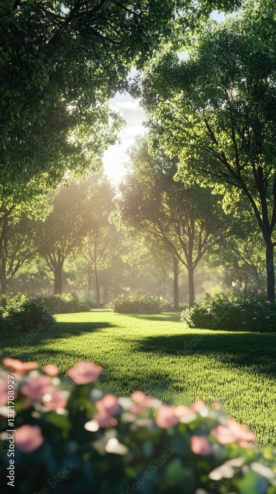 Poster A sunny day scene with sunlight filtering through tree branches in a park