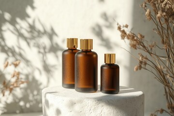 Elegant brown glass cologne bottles with gold caps in a minimal aesthetic with soft natural light