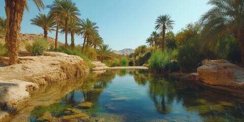 Obraz premium Serene Oasis Landscape with Calm Water and Lush Greenery