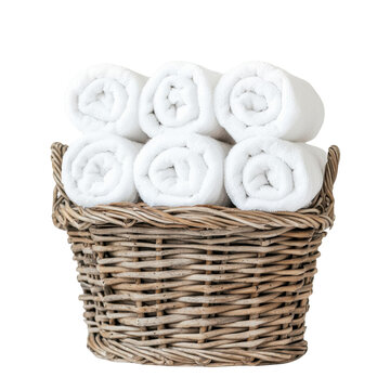 Rolled White Towels in a Wicker Basket for Spa or Bathroom Decor