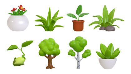 Tree 3d, nature spring grass garden from park, farm or interior plants. Leaf green, sprout and summer seed, small succulent in pots, birch glossy render isolated decorative vector icons set