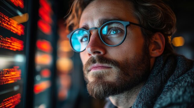A researcher focuses intently on a complex array of data visualizations related to quantum computing. The environment is filled with digital displays showcasing algorithms and datasets.