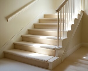 Sunlit Beige Carpeted Staircase Interior Design
