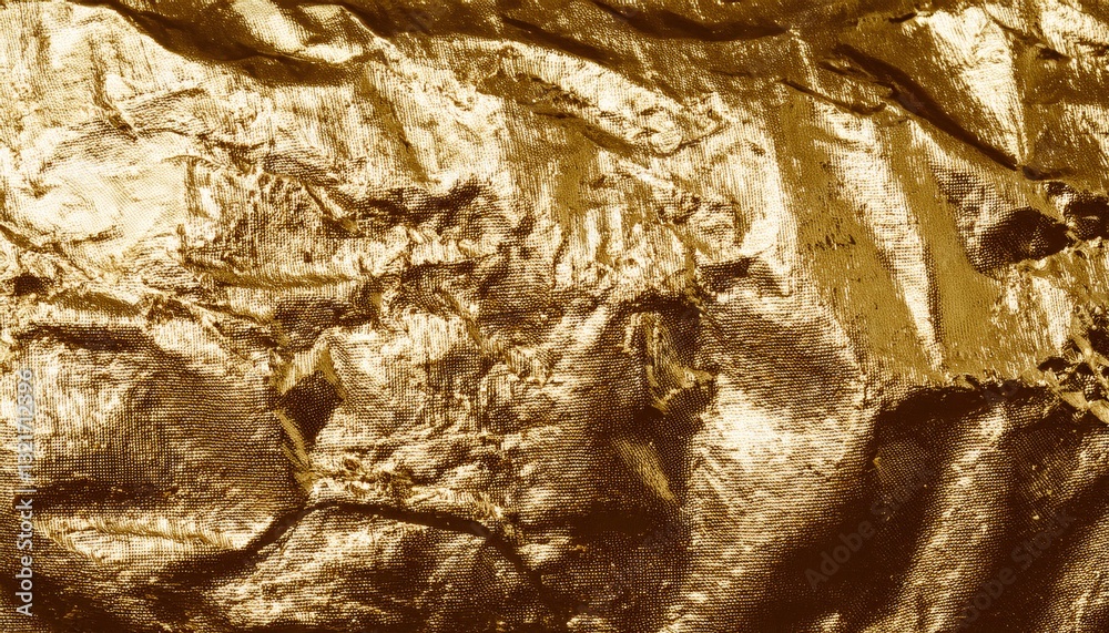 Poster textured crumpled gold foil close-up with shiny metallic surface, abstract luxury background for des