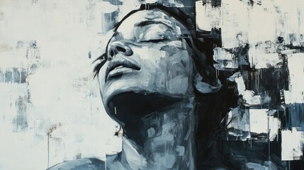 A monochrome painting portraying a woman with closed eyes and upward gaze