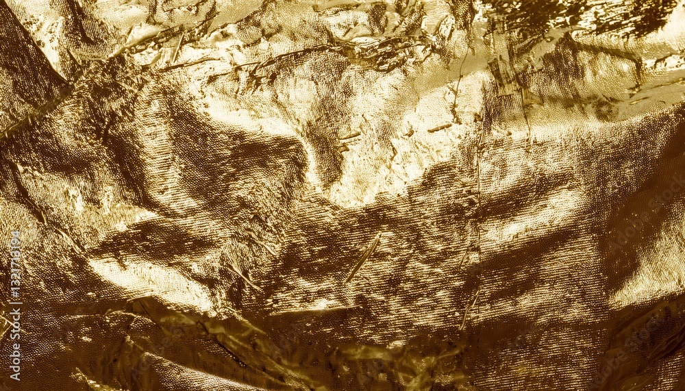 Poster textured crumpled gold foil close-up with shiny metallic surface, abstract luxury background for des