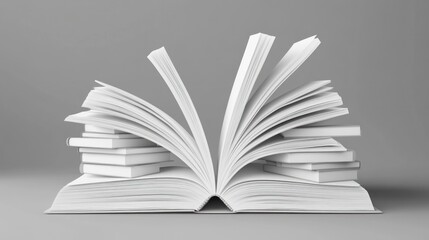 Fototapeta premium Open book with stacked books on gray background
