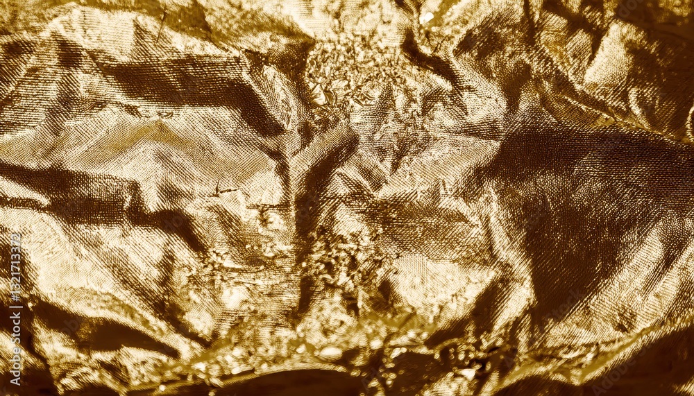 Poster textured crumpled gold foil close-up with shiny metallic surface, abstract luxury background for des