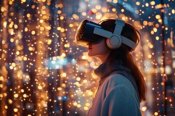 Woman Experiencing Virtual Reality in a Festive Setting