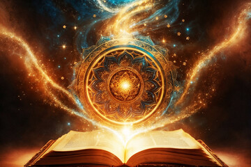 beautiful gold mandala with open ancient book, cosmic dharma akasha wisdom concept 