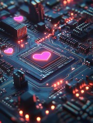 Fototapeta premium Bright digital heart icons displayed on a circuit board, embodying affection within the tech industry