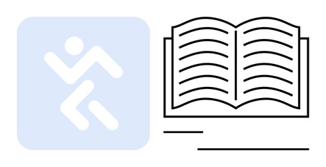 Fototapeta premium Abstract human figure in motion next to an open book with visible pages. Ideal for education, self-improvement, goal setting, fitness, creativity, personal development, motivation. Flat simple