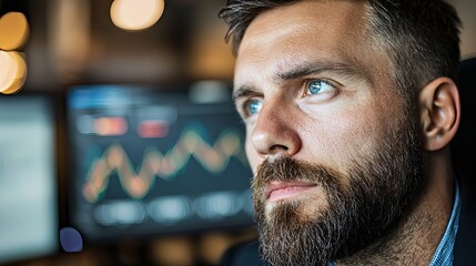 Focused Caucasian male analyst contemplating financial data on multiple screens.
