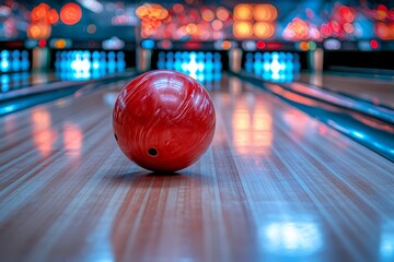 Vibrant bowling alley scene featuring a striking red ball on the lane