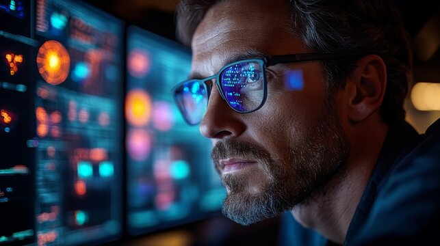 A focused individual examines multiple screens displaying complex quantum computing concepts and neural network data.