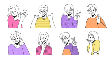 Lineart person. People communication. Greeting or solidarity good smile. Positive woman or man. Young persons avatars. Happy faces. Color line drawing. Vector illustration portraits set