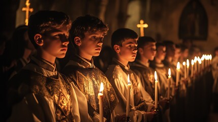 Solemn procession of altar boys holding candles during Holy Thursday ceremony in a church