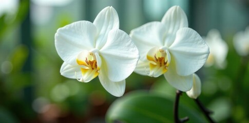 Fototapeta premium Close-up of pristine white moth orchids blooming in a greenhouse Ample copy space , spring, delicate, serenity