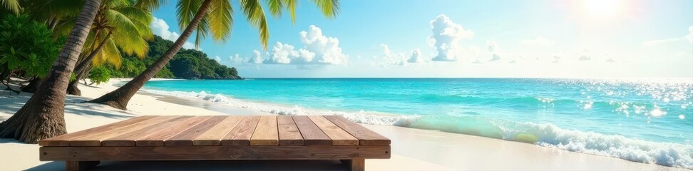 Fototapeta premium Elevated wooden platform on beach; idyllic ocean view with palm trees, scenic, background, summer