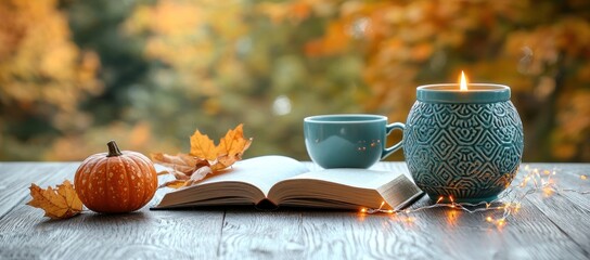 Cozy autumn scene with book, pumpkin, tea, candle, and fall leaves on wooden table.