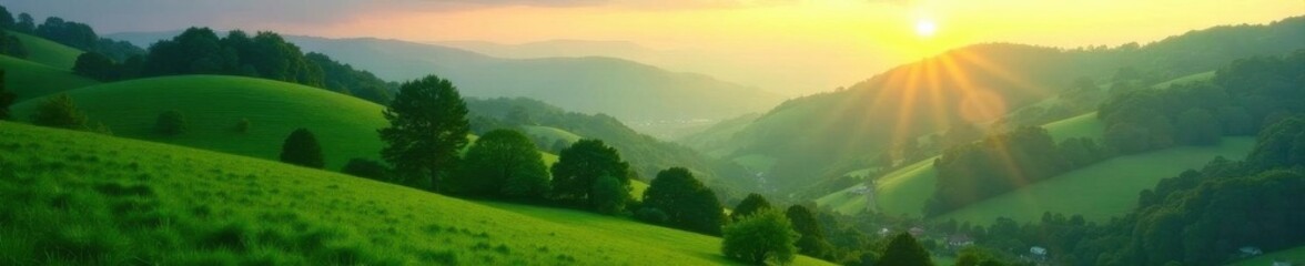 Emerald hills bathed in soft dawn light, trees forming a verdant tapestry , botany, scenic, emerald