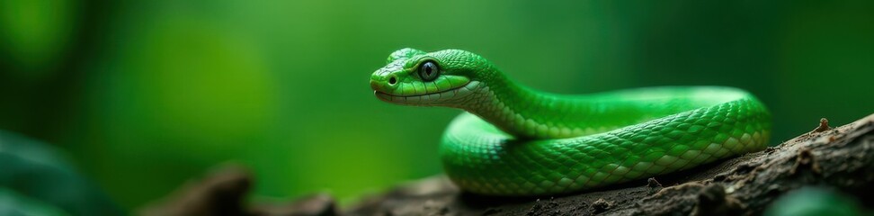 Emerald boomslang tightly wound, forked tongue extended , close-up, africa