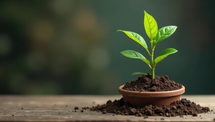 Crisp brown foliage; empty, cracked soil in a small pot , gardening, close up