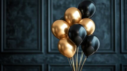 Naklejka premium Gold and Black Metallic Balloons Against Dark Panelled Background