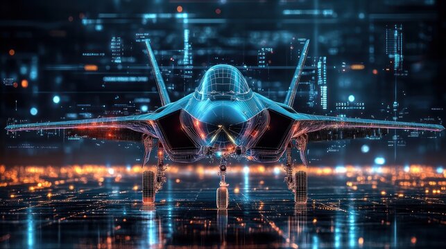 Futuristic stealth fighter jet on digital runway.