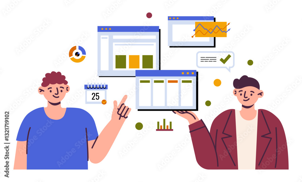 Poster business infographic. project diagrams presentation. man showing startup profit graph. corporate man