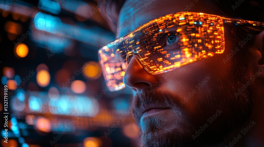 Aufkleber A person is wearing futuristic glasses that reflect glowing patterns, symbolizing quantum computing and neural algorithms in a high-tech environment.