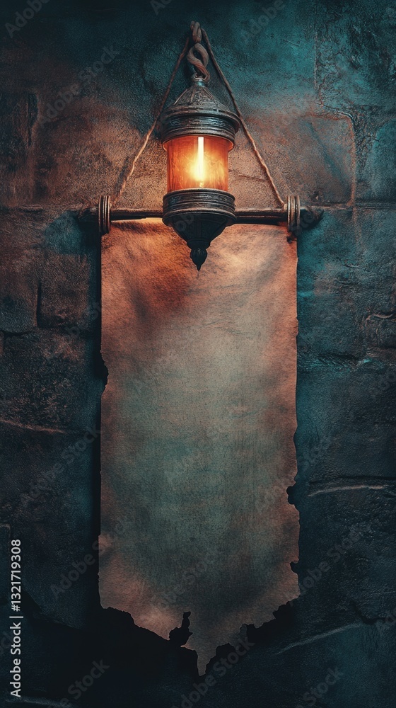 Poster a lantern hangs from the wall next to a piece of paper with notes or reminders