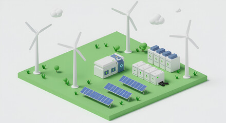 Isometric 3D render of wind turbines solar panels and a battery bank isolated on a white background Depicts alternative renewable power generation and electricity production in the.solar panel, sky, b