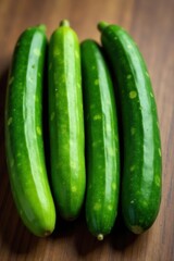 Fresh green cucumbers aligned in a row on wooden surface, bright, cucumbers