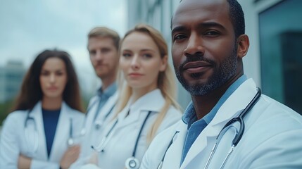 Fototapeta premium a group of medical professionals wearing white coats with stethoscopes.