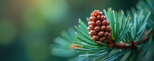 Obraz premium Immature pine cone emerging, blue spruce needles, macro, seed