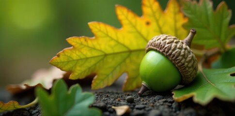 Immature green acorn nestled amongst vibrant oak leaves , texture, acorn