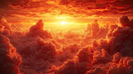 Dramatic sunset sky filled with billowing clouds illuminated in vibrant shades of orange,