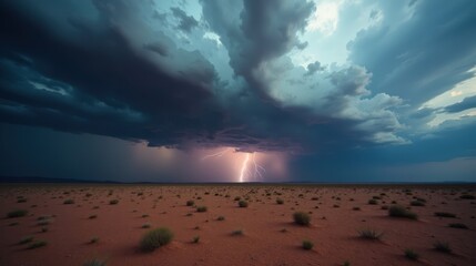 Storm clouds over a vast desert, lightning striking the distant horizon. Dark ominous clouds swirl over endless sand dunes, a bolt of light splitting the sky.