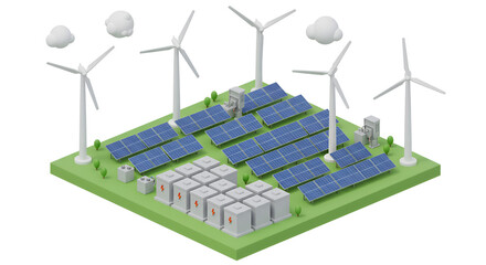 Isometric 3D render of wind turbines solar panels and a battery bank isolated on a white background Depicts alternative renewable power generation and electricity production in the.solar panel, sky, b