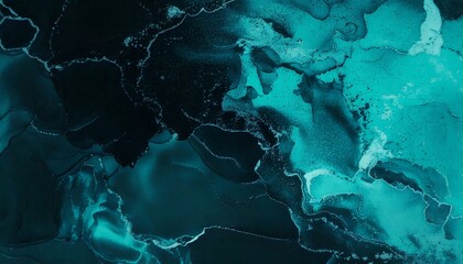 Abstract background with teal and aqua tones, black backdrop. Cloud-like, marble-like pattern in watercolor. Cloud, marble design.