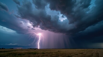 A powerful thunderstorm rolls over an open prairie, dark storm clouds swirling as streaks of lightning illuminate the dramatic, moody sky in this intense scene.