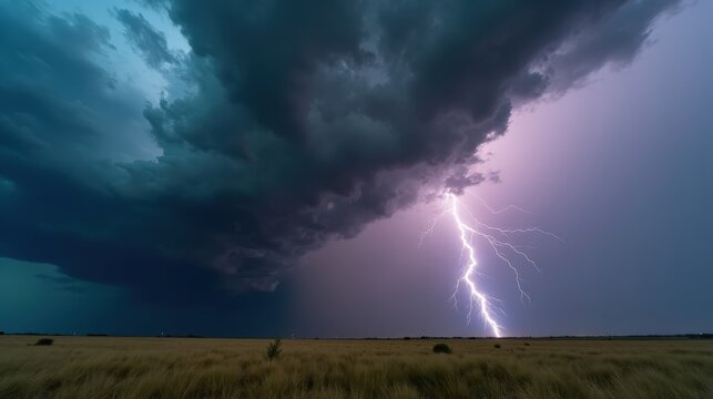 A powerful thunderstorm rolls over an open prairie, dark storm clouds swirling as streaks of lightning illuminate the dramatic, moody sky in this intense scene.