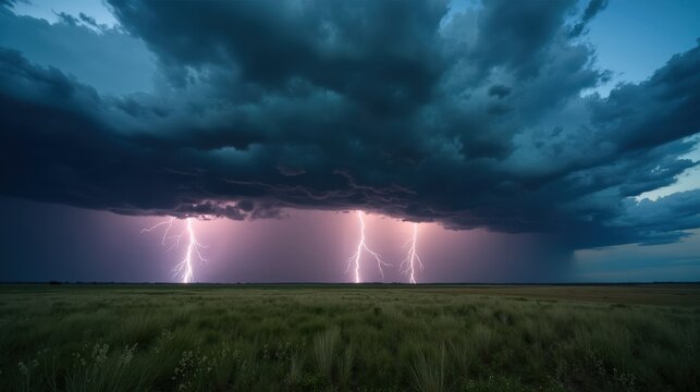 A powerful thunderstorm rolls over an open prairie, dark storm clouds swirling as streaks of lightning illuminate the dramatic, moody sky in this intense scene.