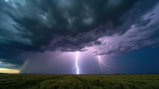 A powerful thunderstorm rolls over an open prairie, dark storm clouds swirling as streaks of lightning illuminate the dramatic, moody sky in this intense scene.