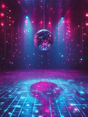 A shiny disco ball hanging from the ceiling of a busy dance floor, surrounded by moving bodies